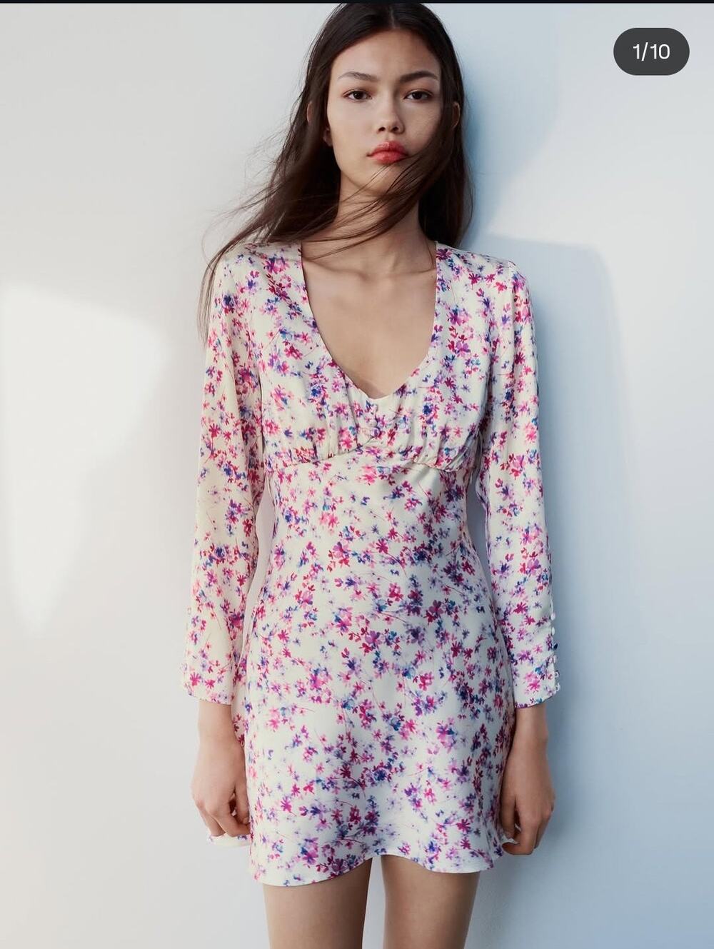 Zara Floral Long Sleeve Mini Dress Size Small Satin Slip Dress Feminine Draped